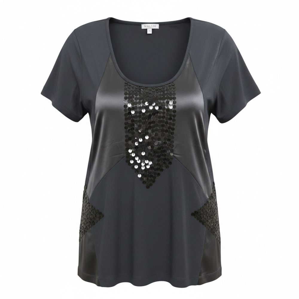 WALTER black short sleeve scoop neck top with sequin and satin panel detail